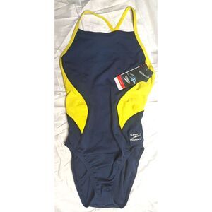 NWT Speedo Spark Splice Crossback One Piece Size 6/32 Navy/ Yellow Endurance+